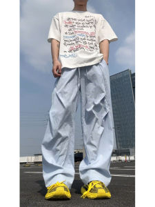 กางเกงลำลองชายผ้าไหมน้ำแข็งสีฟ้าอ่อน กางเกงขายาวทรงตรงแห้งเร็ว ทรงหลวม ทรงลำลอง ฤดูร้อน แฟชั่นฤดูร้อน