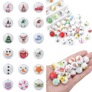 16มม. 10ชิ้น/ถุงพิมพ์ลูกปัดไม้ - Animel Bee ผลไม้ Christmass Lover Styles ลูกปัดสำหรับ DIY เครื่องประดับหัตถกรรม Making