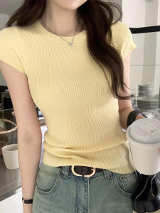 Áo Thun Nữ Tay Ngắn Màu Vàng Mùa Hè Co Giãn Ôm Vừa Vặn Cổ Tròn Màu Trắng Thường Ngày Chất Liệu Cotton Pha Trộn