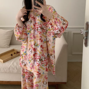 ชุดนอนผู้หญิงฤดูร้อน แขนยาว กางเกงขายาว ระบายอากาศได้ดี ป้องกันยุง ชุดอยู่บ้าน 2 ชิ้น ลำลอง ระบายอากาศได้ดี ผ้าฝ้ายไหม