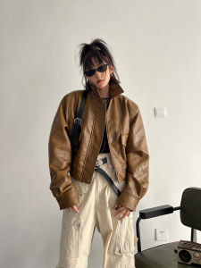 High Waist Pocket Short Style Womens Biker Jacket Leather Coat Streetwear Half High Collar Zipper Sleeve Long Autumn Outerwear