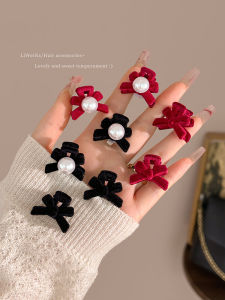 Princess Style Pearl Flocking Butterfly Knot Hair Clip Womens Side Bangs Fringe Hairdressing Accessory Elegant Hair Gripper