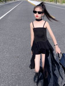 Girls Summer Dress 2024 New Style Childrens Irregular Hem Strap Long Skirt Korean Version Puffy Skirt Other Material 100%