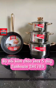 Bộ nồi chảo Inox 5 đáy SUNHOUSE SHG789 dùng bếp từ - Bảo hành 1 năm