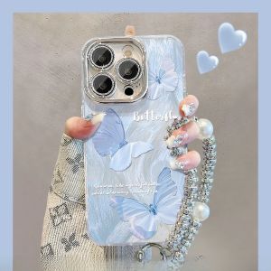 Blue Pink Butterfly Hole Precision Phone Case with Stand for iPhone 15 New Mate60 pro Advanced Pura70 Bracelet Vivos19 Lens Film Xiaomi 14 Women 13