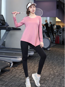 เสื้อผ้าออกกำลังกายวิ่งฤดูใบไม้ร่วงสำหรับผู้หญิงไซส์ใหญ่ 200 ปอนด์ ชุดโยคะแห้งเร็ว แขนยาว ทรงหลวม ชุดกีฬา ชุดโยคะเช้า ชุดออกกำลังกาย