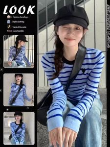 เสื้อสเวตเตอร์คอกลมแขนยาวลายทางสีน้ำเงินสำหรับผู้หญิงในฤดูใบไม้ร่วง เสื้อเชิ้ตสเวตเตอร์ถักลำลอง สไตล์เกาหลี เสื้อคลุมกันหนาวแบบสวมหัว