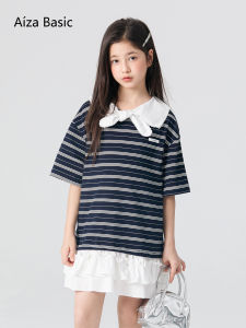 Aiza basic | Ribbon Tied Shirt Collar Striped Girls Dress