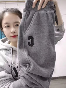 Womens Thickened Fleece Lined Casual Sweatpants High Waist Baggy Harlan Pants Drawstring Elastic Waist Long Cotton Polyester Blend