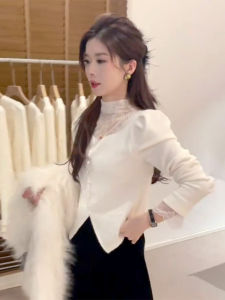 Elegant Pearl Splicing Long Sleeve T-Shirt Womens Base Shirt Soft Nature Half High Collar Mesh Splicing Ladylike Style