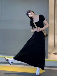 Quality Cotton Womens Dress Slimming Straight Cut U-Neck Short Sleeve Long Skirt for Spring and Summer