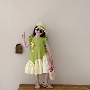 Bear Leader Baby Girls Dress Summer Round Neck Ruffle 3D Flower Girls Clothes New Korean Version Flying Sleeves Patchwork Princess Dresses 2-7 Years Kids Outfits Sweet Clothing