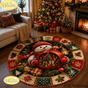 VIKAMA 3D Christmas Train Round Rug Flannel Non Slip Circular Carpet Tree Snowman Gift Pattern Living Room Bedroom Floor Mat