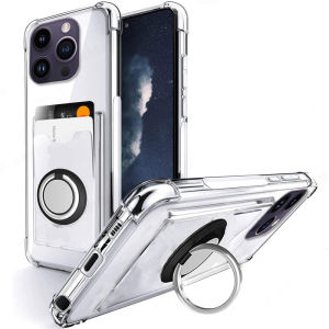 Ring Holder Wallet Card Slot Clear Shockproof Phone Case for iphone 15 Pro Max 14 13 Pro 14Pro Airbag Transparent Stand Cover