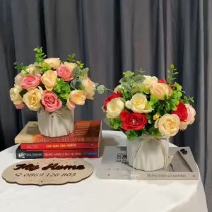 (Cắm sẵn) Chậu hoa hồng trứng hoàng gia cực sang chảnh trang trí decor nhà đẹp để bàn phòng khách.