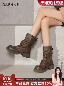 รองเท้าบูทกันน้ำแบบยาวบุขนแกะสีน้ำตาลสำหรับผู้หญิง ฤดูใบไม้ร่วง 2025 รองเท้าบูทมาร์ตินแบบใหม่ ทรงเข้ารูป ด้านนอกเป็นวัสดุ PU ด้านในเป็นวัสดุสังเคราะห์