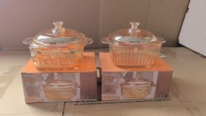 AKAPE - Amber gold square glass double handle glass crystal pot square fruit salad bowl with lid instant noodle bowl 1000ML