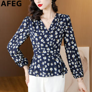 AFEG Korean V-neck fashion slim-fit vintage printed chiffon long-sleeved blouse for women