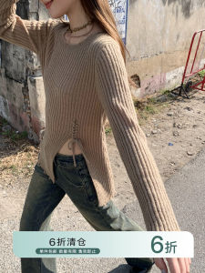 Hello Canon Womens Knitted Sweater Belt Design Spring Summer New Style Asymmetrical Slit Long Sleeve Straight Cut Top