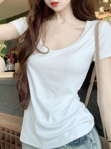 LUOFEN | Slimming & Fitting Short Sleeve T-shirt White Low U-neck