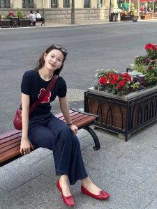 HUOLISI | Thin Waist Retro Red Flower Clash Elegant Fashion Knit Top