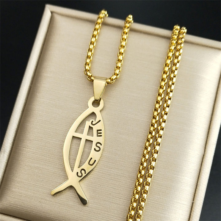 Ichthys Jesus Fish Cross Christ God Pendant Necklace for Women Men ...