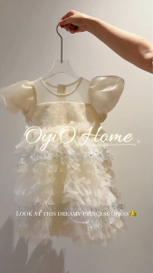 Girls Princess Dress Cream White Tulle Birthday Party Dress Kids Puff Sleeve Flower Girl Gown Wedding Performance Dress 90-140cm