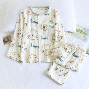 Pure Cotton Bubble Cotton Fabric Childrens Sleepwear round Neck Home Clothes Mosquito Proof Boys Pyjamas Spring Summer Autumn