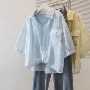 Blue Striped Short Sleeve Shirt Womens Korean Style Loose Fit Two-Piece Set Layering Vest plus Size Spring Summer New Arrival