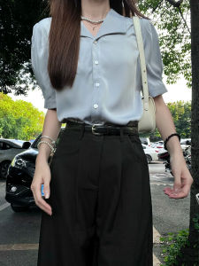 Elegant French Style Satin Shirt Short Sleeve Turn-down Collar Professional Interview Top for Women Summer Commute Casual Wear