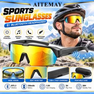 Aitemay Smart Bluetooth Sunglasses BT5.3 Wireless Audio Sport Eyewear UV400 Lightweight 44g USB-C Charging For Cycling Running Men Women Gold