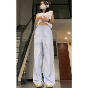 กางเกงขายาวทรงหลวมสไตล์อเมริกันย้อนยุคสำหรับผู้หญิง กางเกงขายาวทรงตรงทรงหลวมเอวยางยืดลายทางสีฟ้าลำลอง