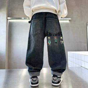 กางเกงยีนส์ทรงหลวมสำหรับเด็กชาย ทรงลำลอง เอวยางยืด ฤดูใบไม้ผลิและฤดูใบไม้ร่วง กางเกงขายาวทรงหลวมสำหรับเด็กชาย