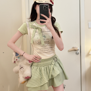 Sweet Cool Color Collision Heart Print Short Sleeve Womens Summer Slimming Shoulder Level Top Fabric Pig Love Bear Story