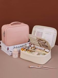 MELEDE Women PU Leather Double Layer Travel Makeup Wash Clear Cosmetic Bag With Zipper Multi-Compartment Waterproof Toiletry Organizer