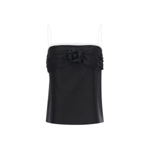 Peek-Shoulder Halter Top with 3D Camellia and Black-White Patchwork Summer New Style