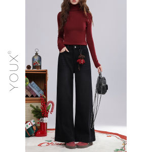 YOUXIANG | Quần Jeans Chân Rộng Lót Lông Ấm Áp Phong Cách Retro