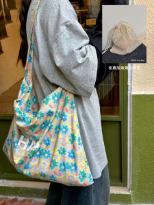 HAAHUA Stylish Korean Style Floral Canvas Shoulder Bag Versatile Handbag Commuter Bag Trendy Print Polyester Youth Casual
