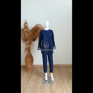 JD Set Kunfayakun Fashion Pakaian Wanita Setelan Atasan Tunik Brukat dan Celana Moscrepe