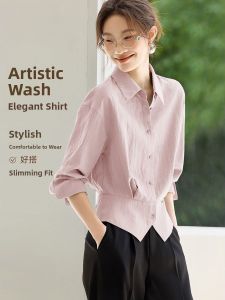 Slimming Effect Early Autumn New Style Japanese Artistic Commute Waist Cinching Hem Design Breathable Thin Long Sleeve Womens Shirt