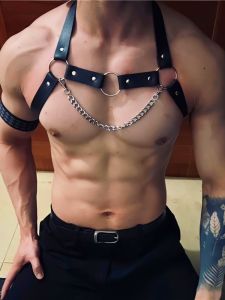 เสื้อกั๊กหนังผูกเชือกสำหรับผู้ชาย ชุดโชว์บนเวที ชุดผูกเชือกเซ็กซี่ ชุดผูกเชือกกล้ามเนื้อ ชุดผูกเชือกแบบปรับได้ แฟชั่นสุดเท่