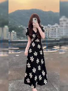 Homecore | French Elegant Floral Print Slimming V-Neck Long Dress Womens Summer Fashion Casual City Commute Outdoor Travel Streetwear