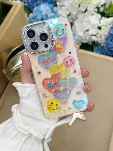Silver Grey Sparkle Powder Lens Bracket Fashion Protective Case for Apple Series iPhone 16 New Model 15 pro 14 pro Max Artistic Heart Smiley Face Text