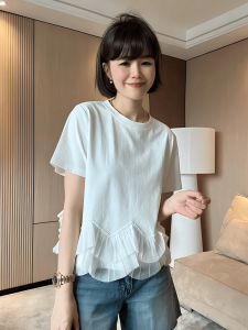 Summer Sweet Style Short Sleeve T-Shirt Womens plus Size Mesh Splice Shoulder Top Unique Elegant Mini Shirt for Fat Ladies