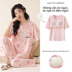 MiiOW | Bộ đồ ngủ cotton nguyên chất có đệm ngực cho nữ Bộ đồ ngủ dài tay quần short thoải mái dễ thương mặc nhà mùa hè