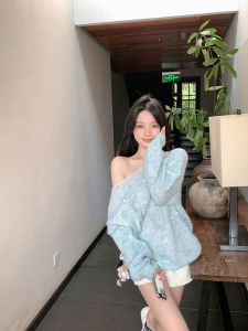 Blue Sequin Heavy Work One Shoulder Sweater Womens Style Sweet Lazy Feel High End Sensation Casual Fashion round Neck Pullover