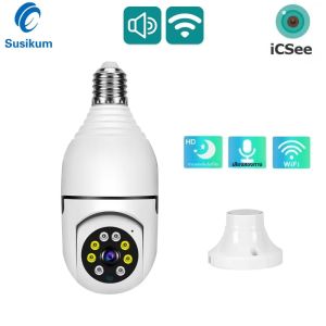 3MP การเฝ้าระวัง E27 หลอดไฟ WIFI กล้องสีการมองเห็นตอนกลางคืนการติดตามอัตโนมัติการป้องกันความปลอดภัยในร่มกล้องวงจรปิดกล้อง ICSee APP