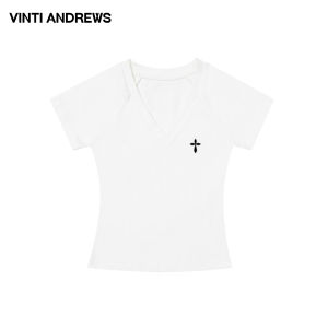 Red Slim Fit V-Neck Short Sleeve Womens Summer T-shirt