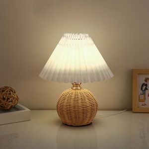 Nordic Rattan Fabric Table Lamp with Remote Control - Dimmable Vintage Night Stand Light for Bedroom Living Room and Office