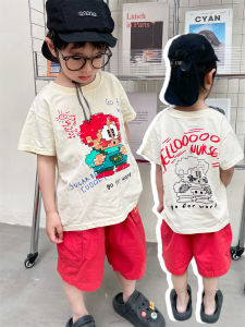 Cute Pure Cotton Short Sleeve Boys T-Shirt Baby Top Korean Style Summer New Arrival Cartoon Print round Neck Kids Clothing